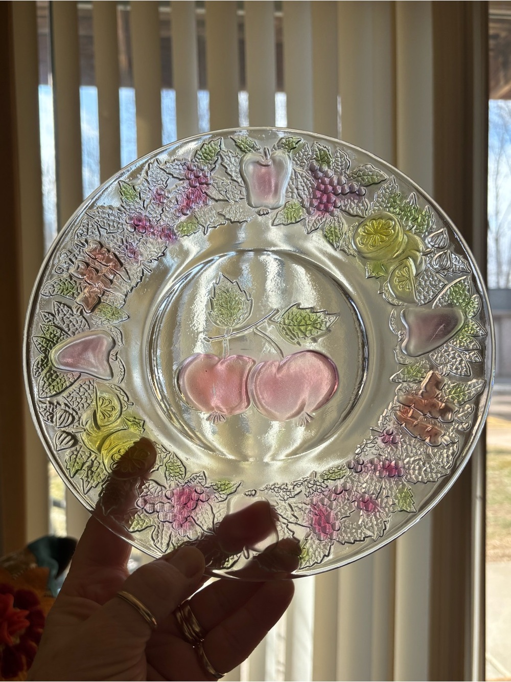 Firna clear glass embossed stain-glass look colored fruit plates. Set of 3.